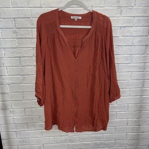 Rose & Olive Rust Orange Swiss Dot Smocked V‎ Neck Button Up Top Womens 1X Boho